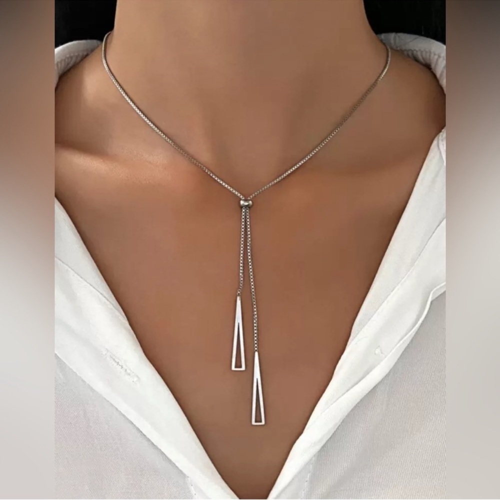 Silver Plated Stainless Steel Triangle Lariat Necklace